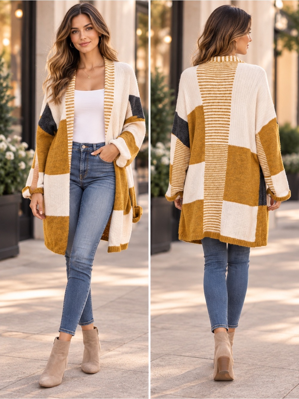 Ces Femme Colorblock Cardigan Women’s Mustard Cream Gray Open Front Cozy Knit